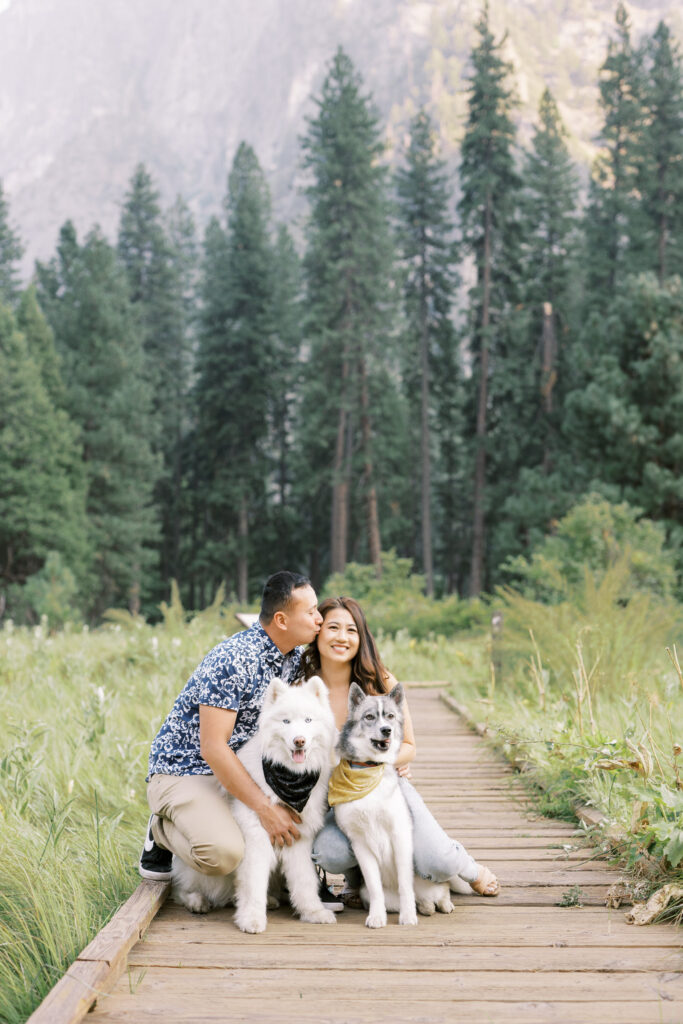 Couple kissing while posing with dogs against the lush greens of Yosemite