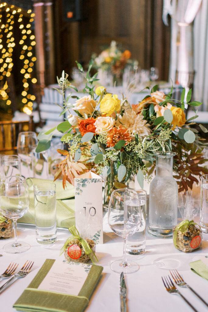 Detailed view of table decorations and flowers