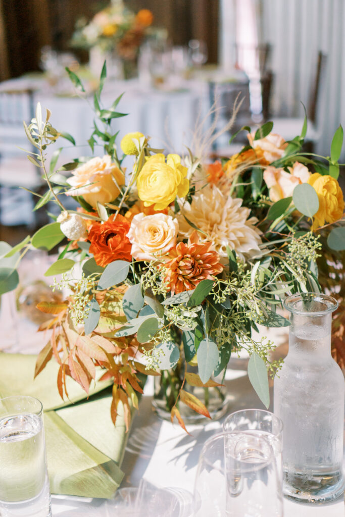 Close-up of flower arrangements on a wedding table