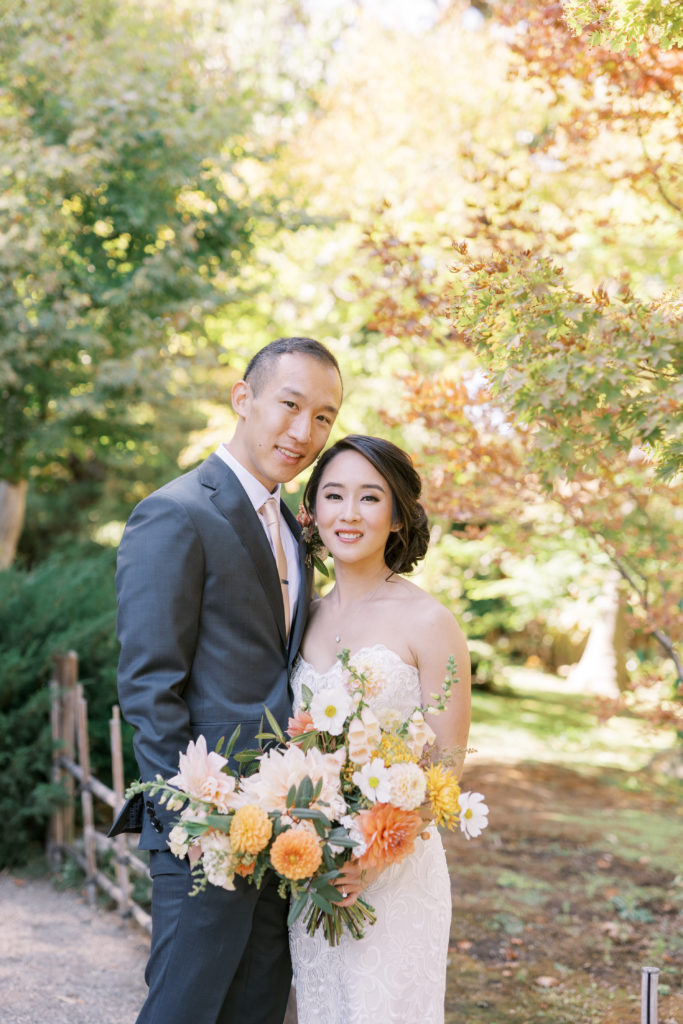 bride and groom portraits with fall colors