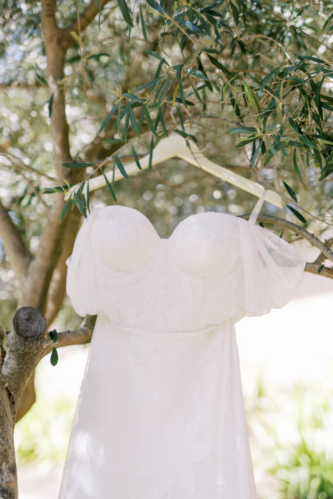 wedding dress hanging from a tree