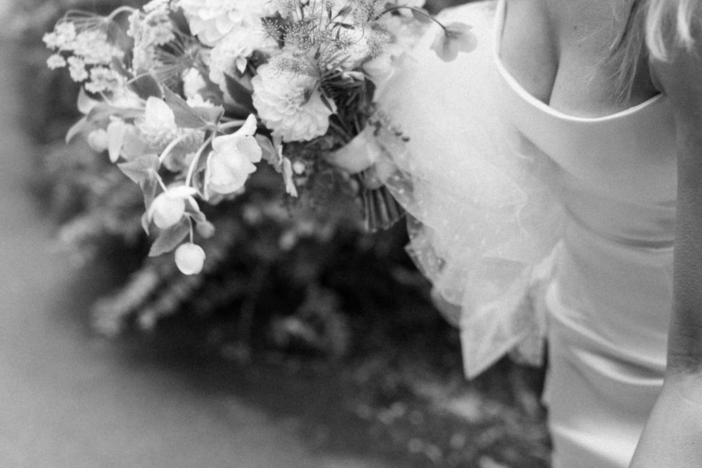 bride bouquet black and white photography