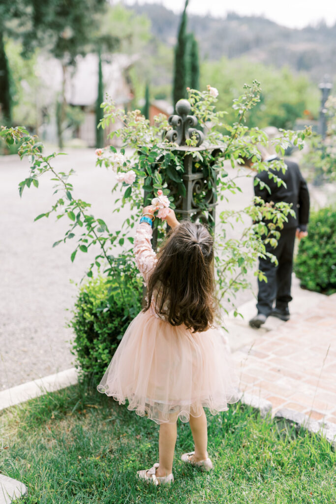 Candid photo of little girl picking flowers