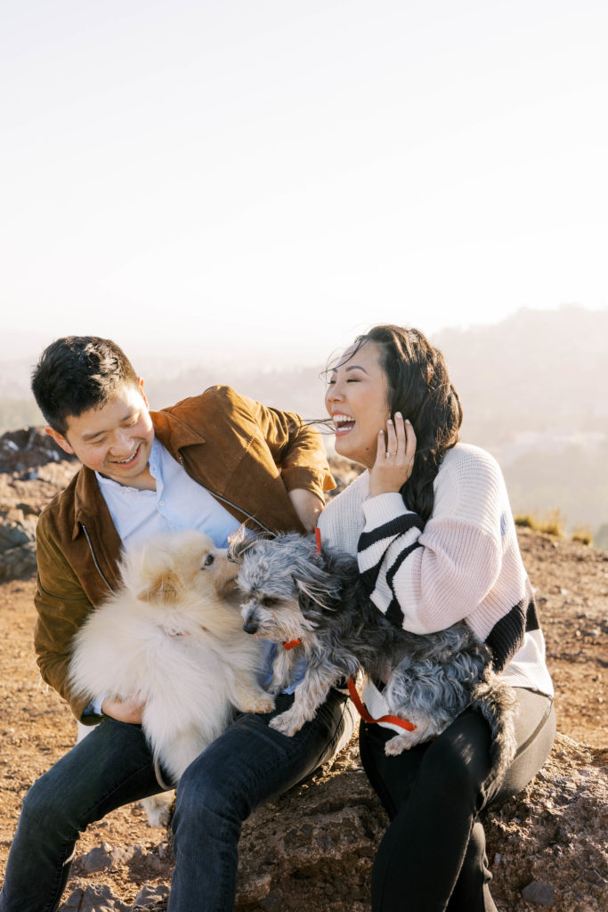 Engaged couple laughing with their dogs