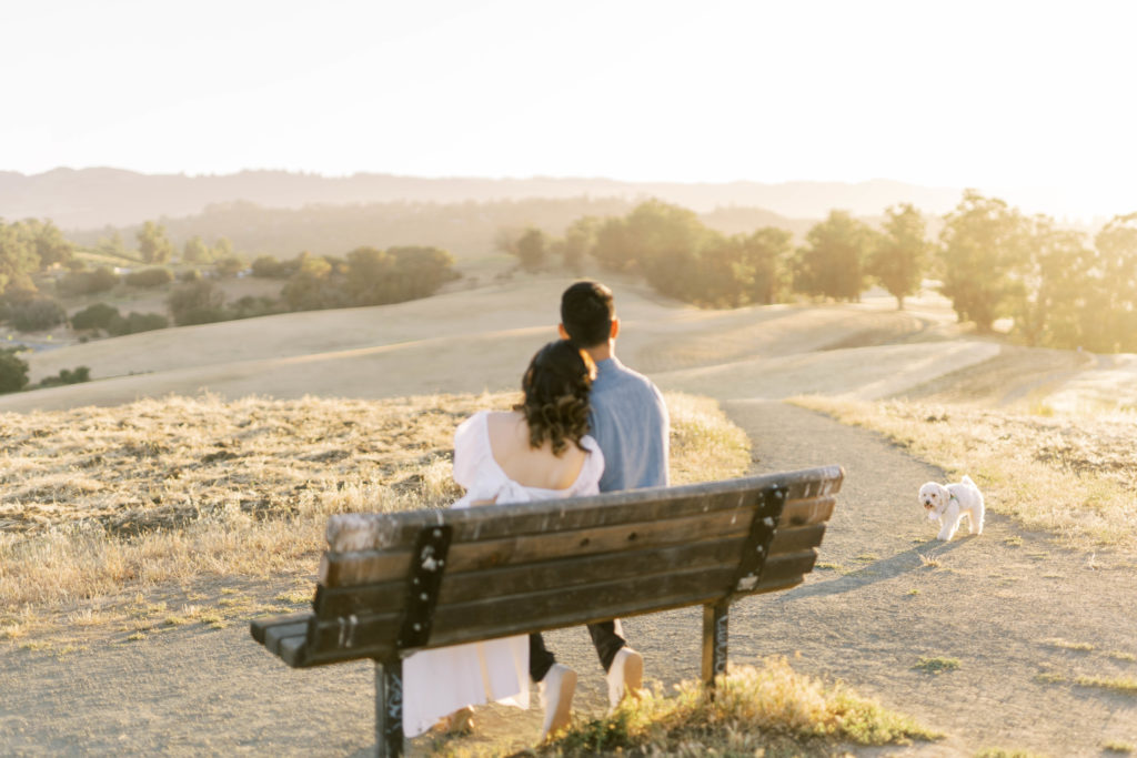 Engaged couple sitting on the bench looking over arastradero preserve