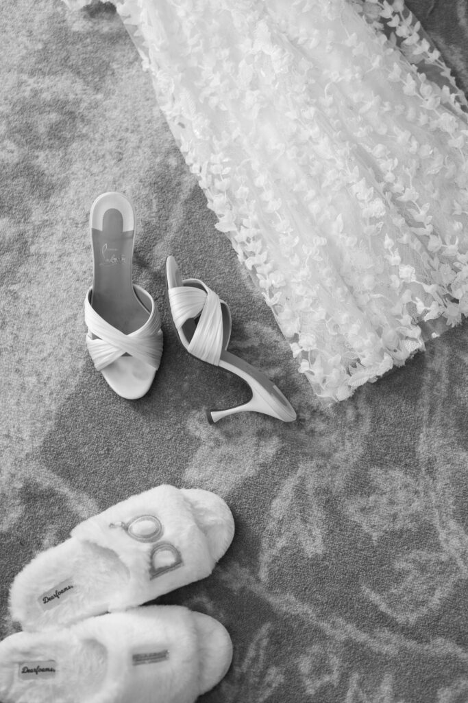 wedding shoes, bridal slippers, and dress