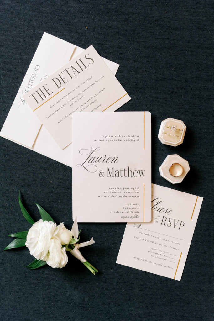 flatlay of wedding invites and details